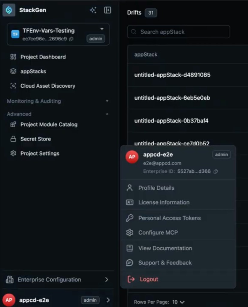 Sidebar with User Menu open showing profile details, Personal Access Tokens, Configure MCP, and View Documentation