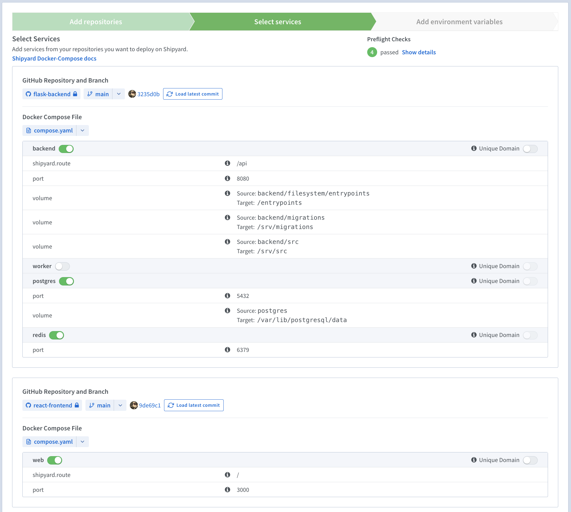 Selecting services from multiple repositories for a Shipyard application