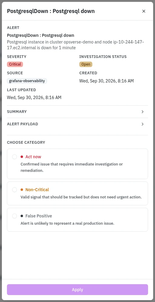 The category review drawer lets responders choose a category before applying it