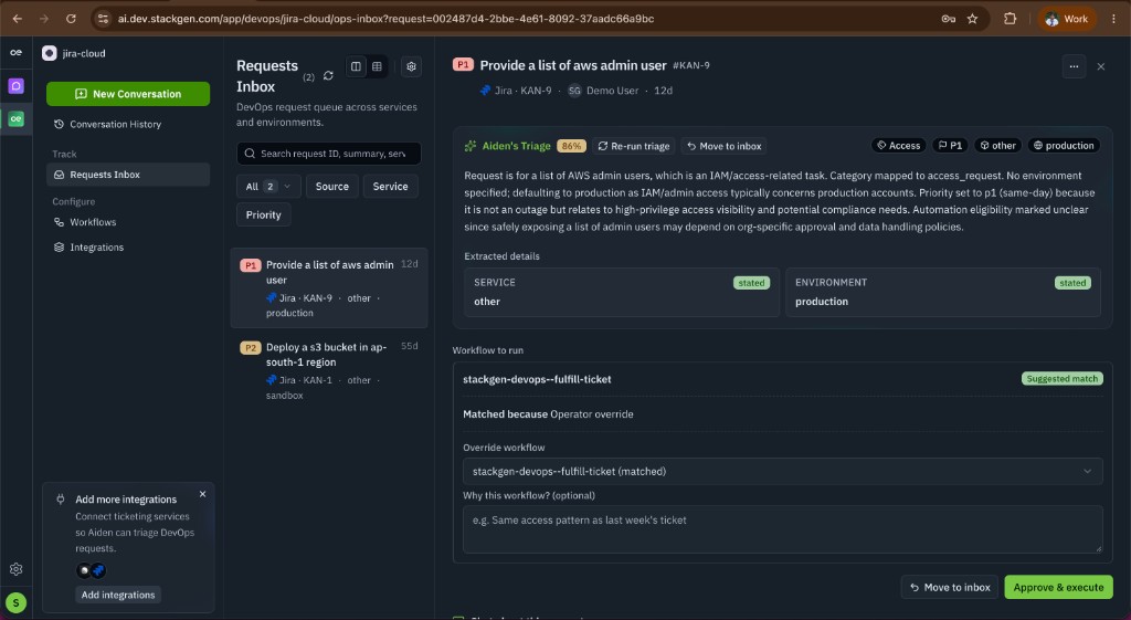 Review triage, pick a workflow, then Approve and execute