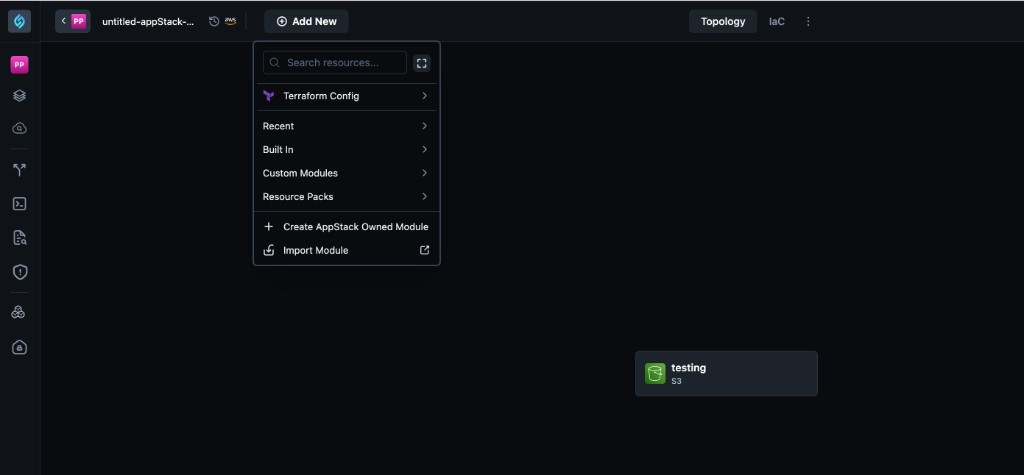 Add New menu with Terraform Config, Recent, Built-in, and categorized resources on Topology