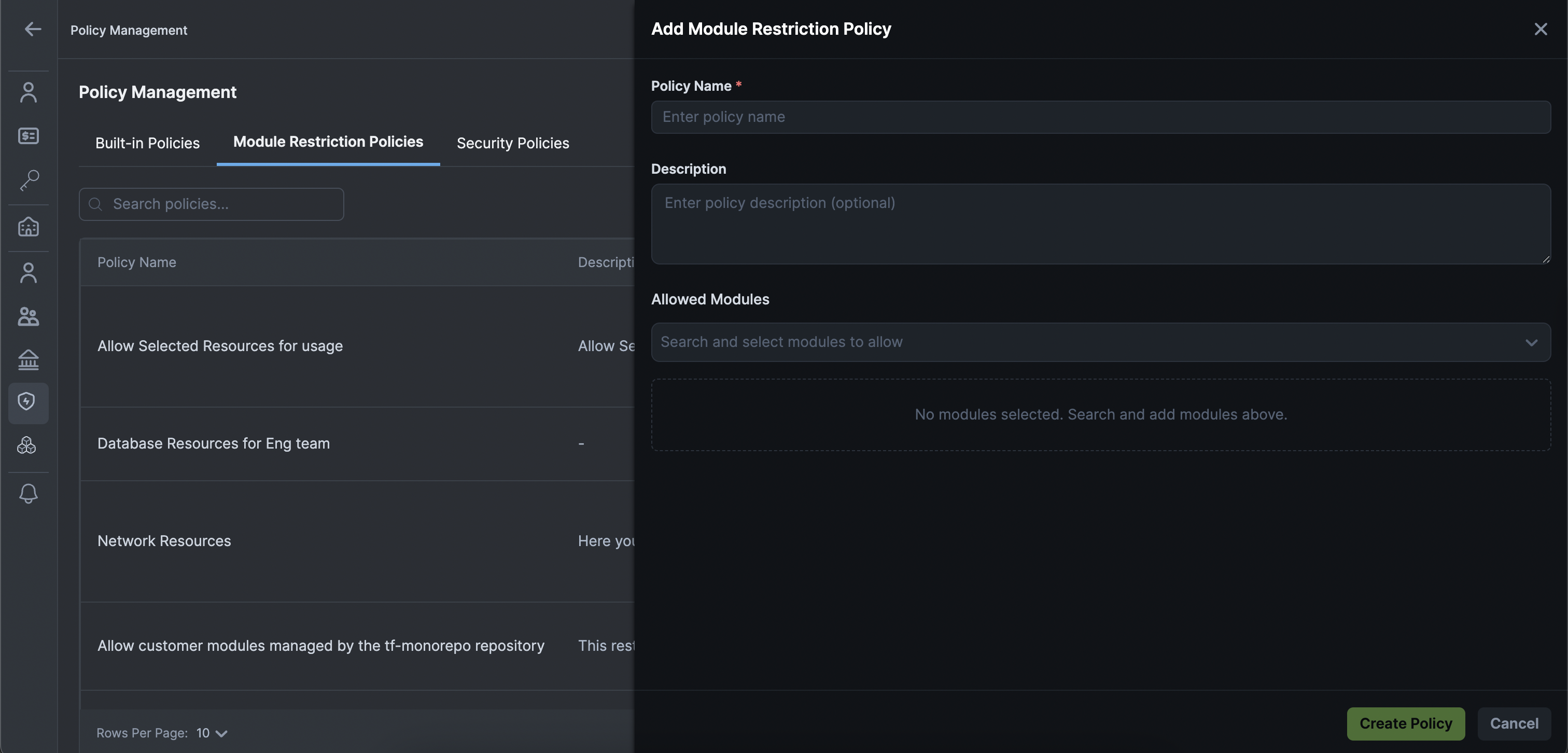 Resource Restriction Policy via UI