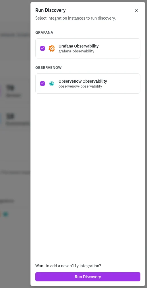 Run Discovery selects the integration instances to scan