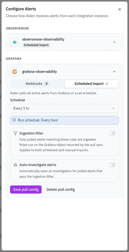 Scheduled import with the schedule, ingestion filter, and auto-investigation settings