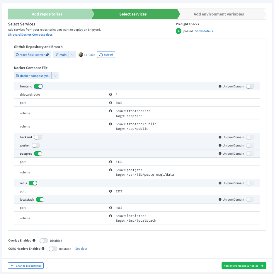 Toggle services to include in your Shipyard application, and select additional options