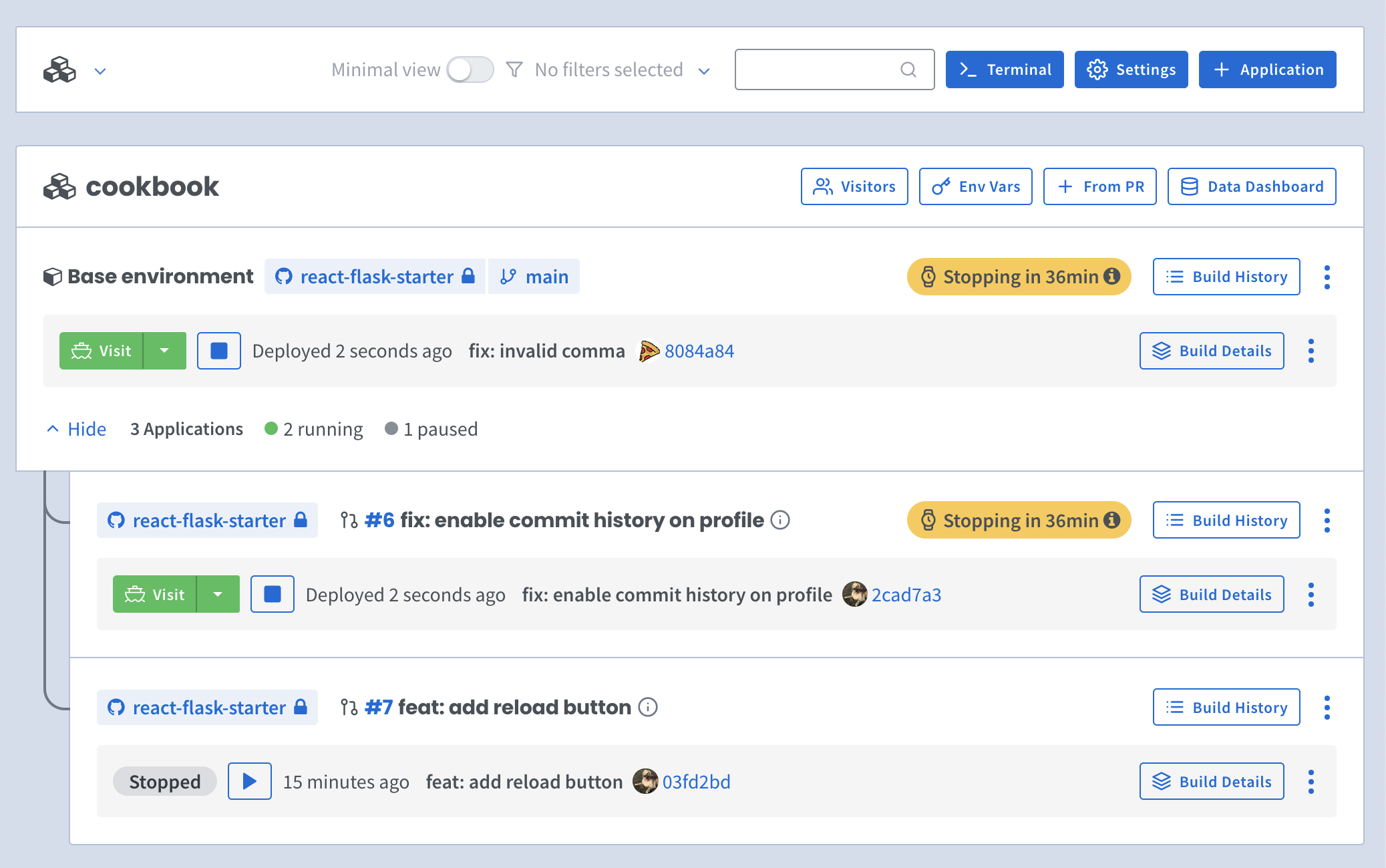 Shipyard developer dashboard with one application and three ephemeral environments