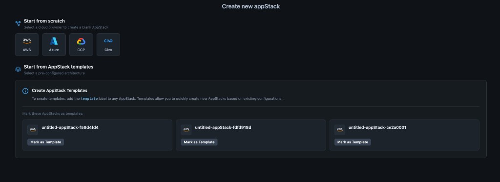 Create new appStack with Start from appStack templates, scratch cloud options, and Mark as Template