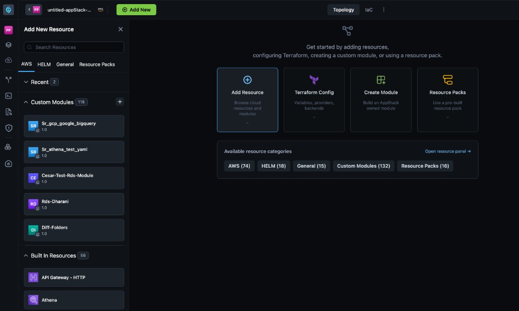 Topology with Add New header control, Add New Resource side panel, and Get started cards