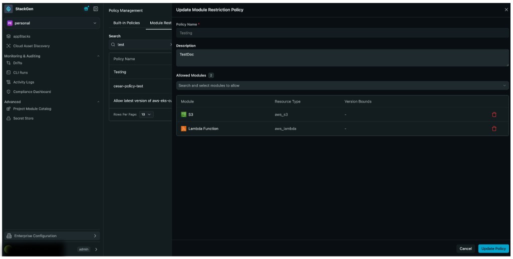 Update Module Restriction Policy modal with Policy Name, Description, and Allowed Modules table for S3 and Lambda Function