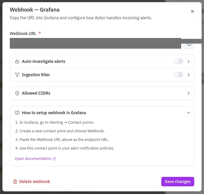 Grafana webhook settings and contact-point setup instructions, with the webhook URL masked