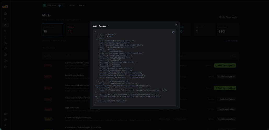 Alert Payload modal showing JSON labels severity and summary for a URLEndpointDown alert