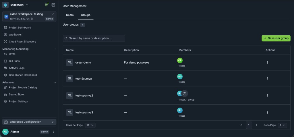 User Groups list on the Groups tab