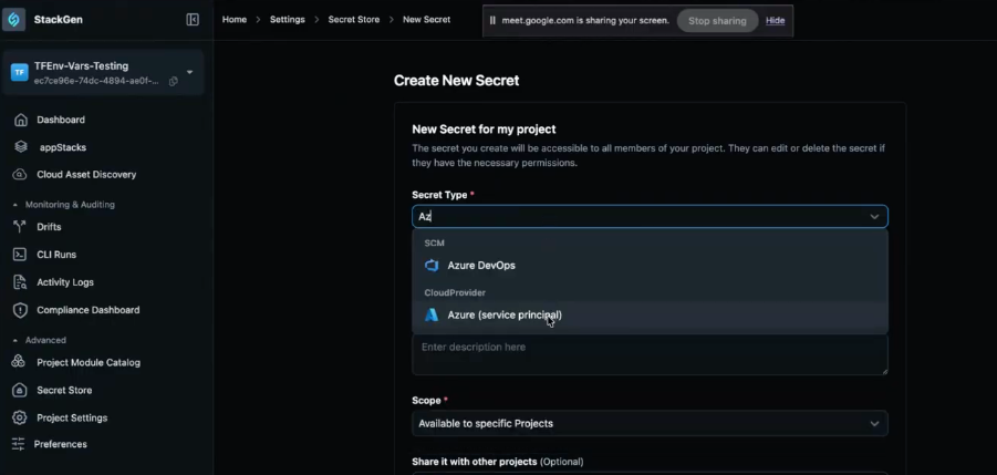 Create New Secret with Secret Type filter showing Azure DevOps and CloudProvider Azure service principal options