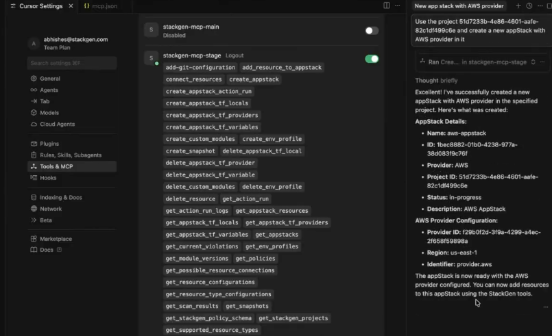 Cursor StackGen MCP tool list with create_env_profile and assistant chat for appStack and environment work