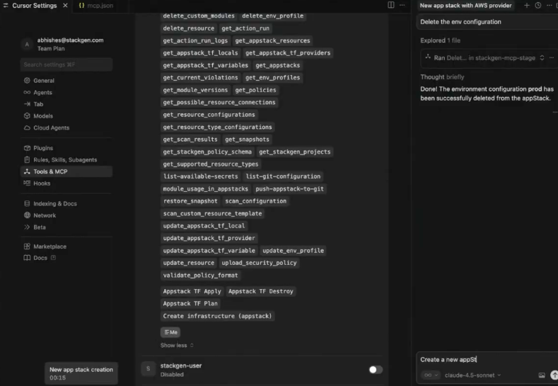 Cursor Tools and MCP list with get_snapshots and restore_snapshot plus assistant chat for appStack work