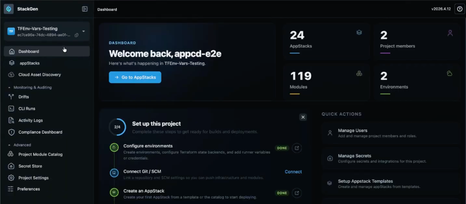 Project Dashboard with welcome banner, appStacks, members, modules, and environments metrics, Set up this project checklist, and Quick Actions