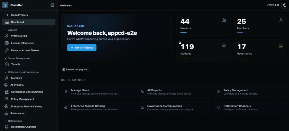 Tenant Dashboard with welcome banner, metric cards for projects, members, modules, and governance, Restart setup guide, and Quick Actions