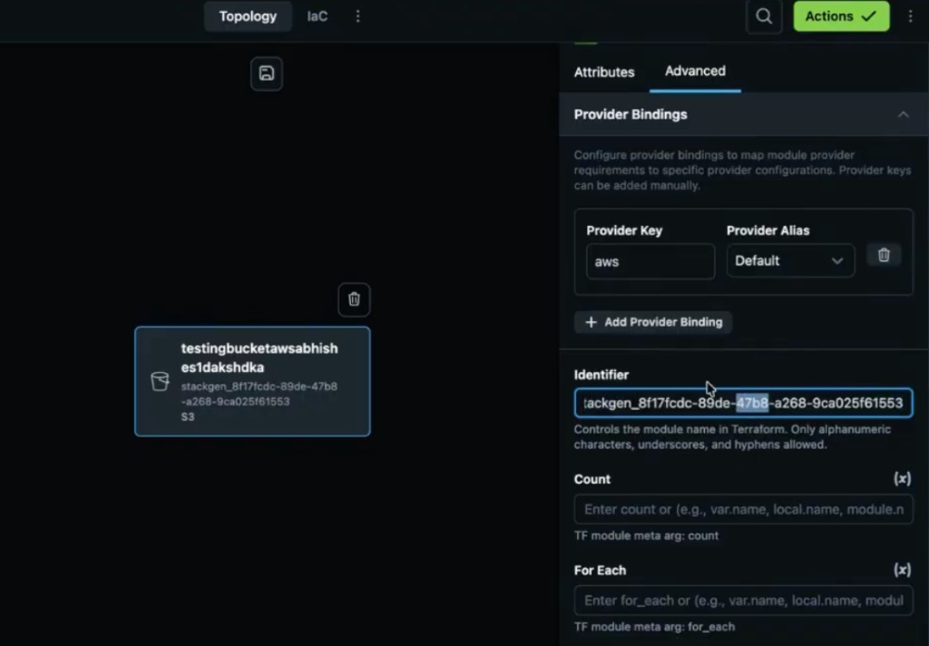 Topology Advanced tab showing Provider Bindings Identifier Count and For Each on an S3 resource