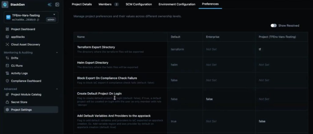 Project Settings Preferences table showing Create Default Project On Login with Default, Enterprise, and Project columns