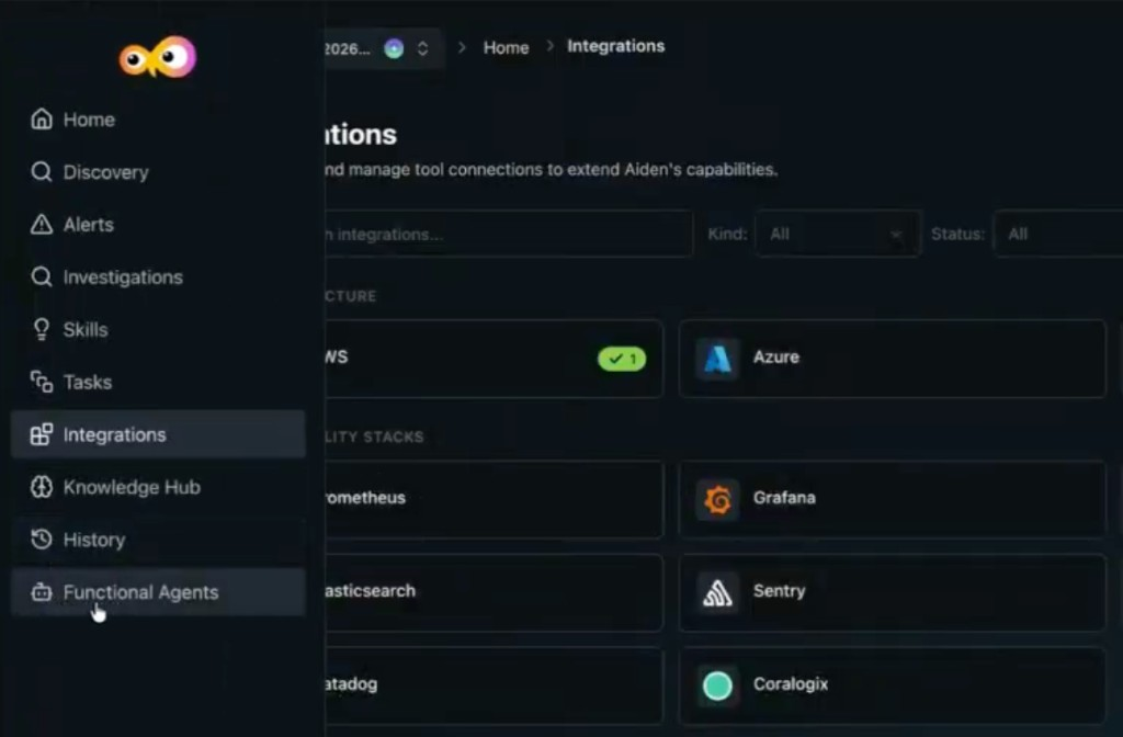 Aiden sidebar navigation with Functional Agents menu item highlighted