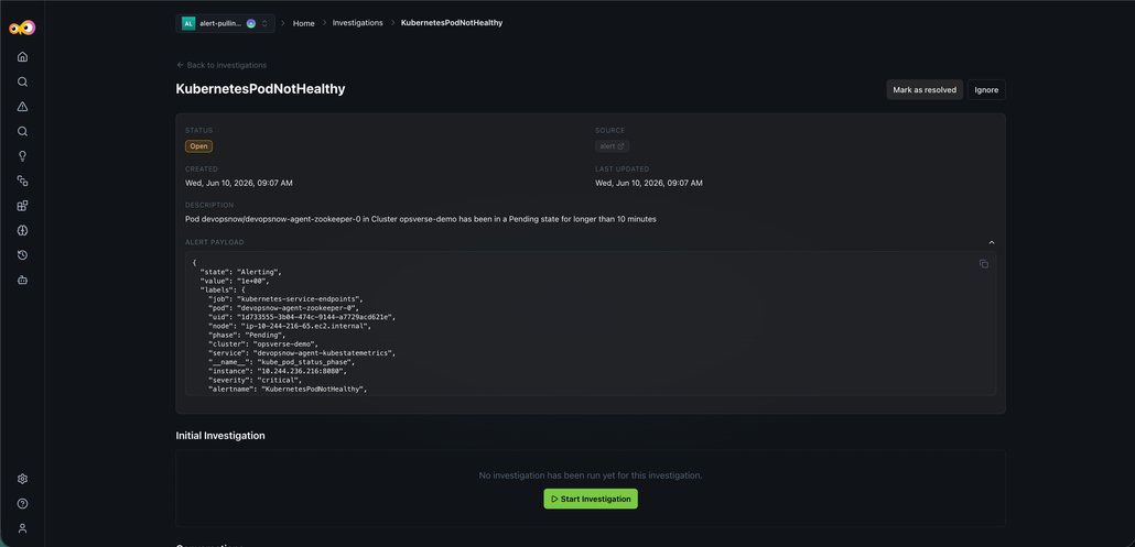 Initial Investigation view showing Show Thoughts toggle severity metrics and alert specification details