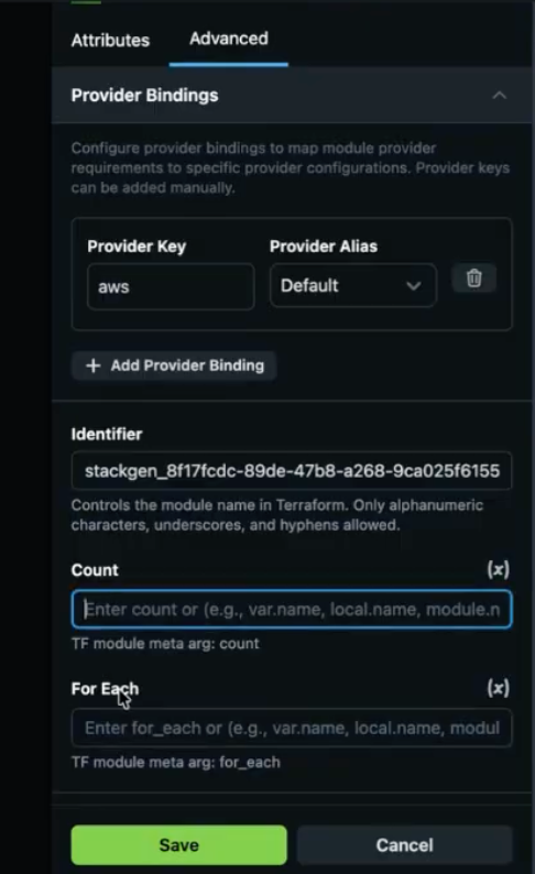 Advanced tab showing Provider Bindings Identifier Count and For Each meta-argument fields