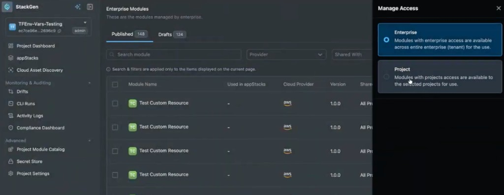 Enterprise Modules catalog with Manage Access panel showing Enterprise and Project access options