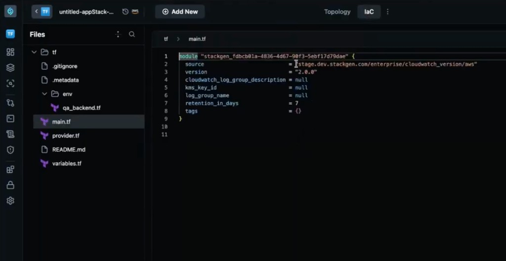 IaC editor main.tf showing a module sourced from the StackGen registry URL