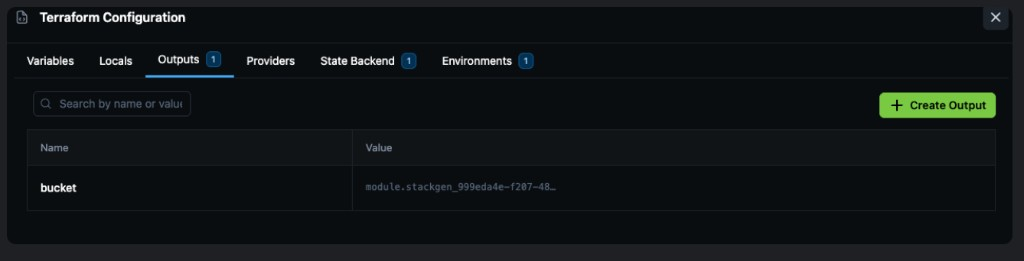 Terraform Configuration Outputs tab showing a bucket output with module reference value
