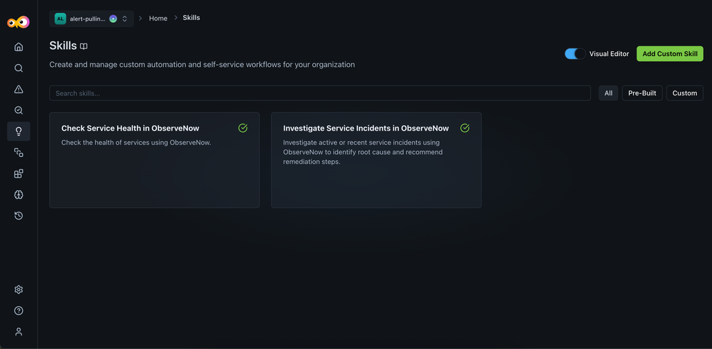 Aiden Skills page with ObserveNow prebuilt skills